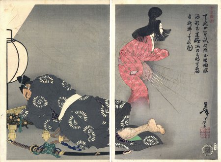 芳年漫画　天延四年秋妖怪土蜘蛛脳源頼光寝所酒田公時等宿直欲払其妖図